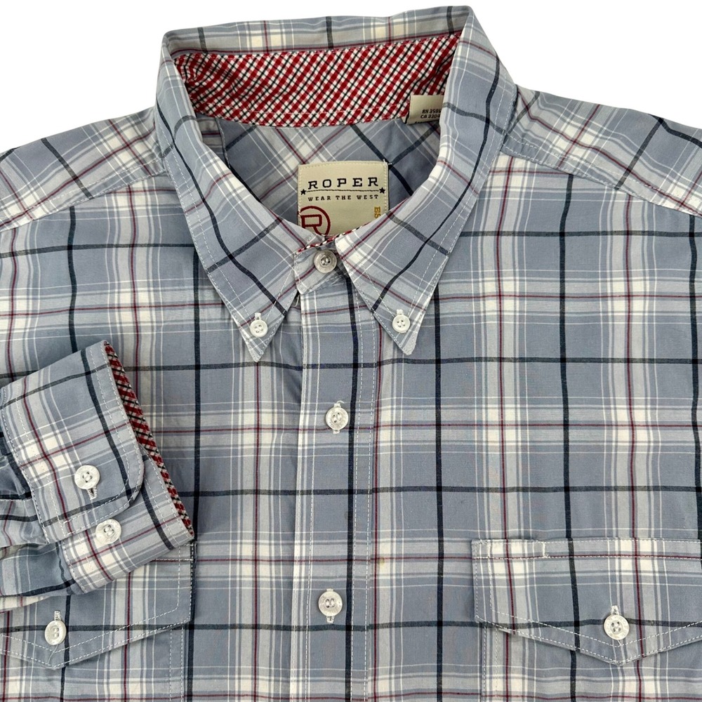 Roper Mens Blue Plaid Long Sleeve Button Down XL Western Shirt 3-01-678-2037BU